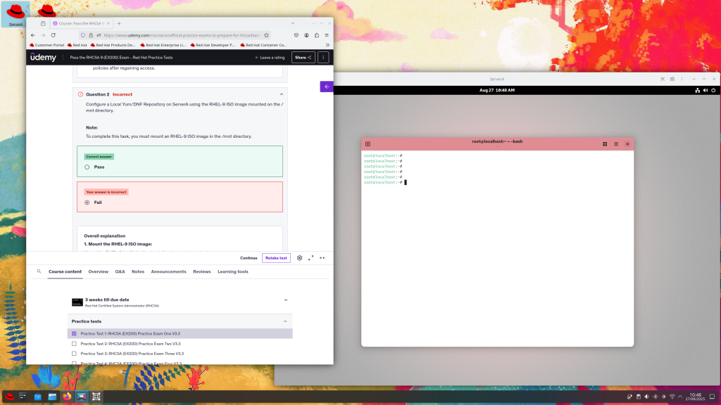 Screenshot showing RHEL 10 virtual machine running alongside Udemy practice exam in Mozilla Firefox