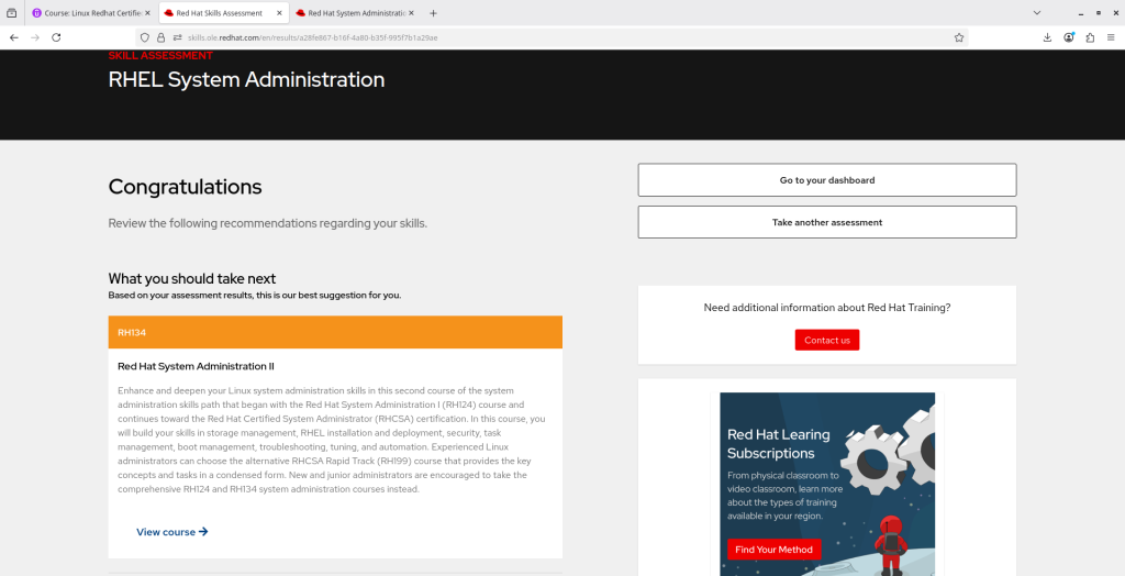 Screenshot of results after taking skills assessment for RHEL System Administration.