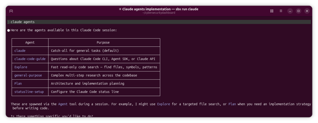Claude Code showing agents available.